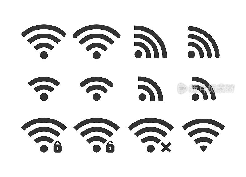 无线信号网络图标集。Wi fi图标。安全，不安全，没有连接，密码保护图标。